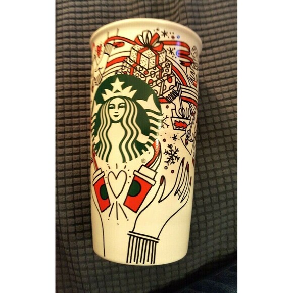 Starbucks Ceramic Tumbler 12oz Holiday 2017 Coffee Cup with Red Lid Travel Mug - Picture 6 of 12